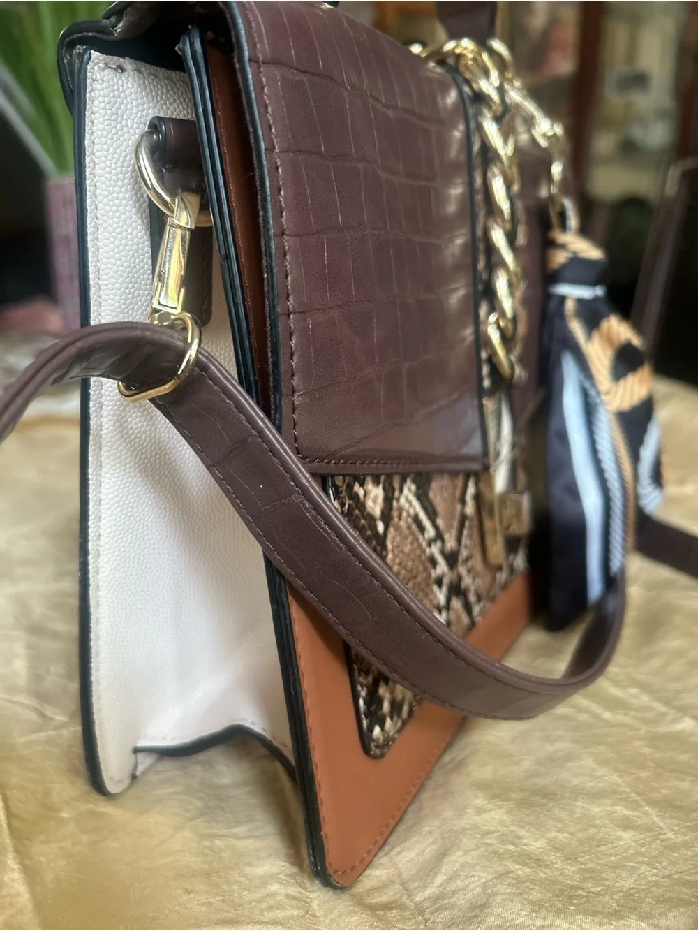 ALDO Brown & Tan Croc-Embossed Satchel with Snake-Print Accent